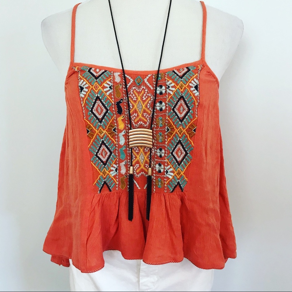 Ecote Orange Rhapsody Embroidered Boho Cami Tank
